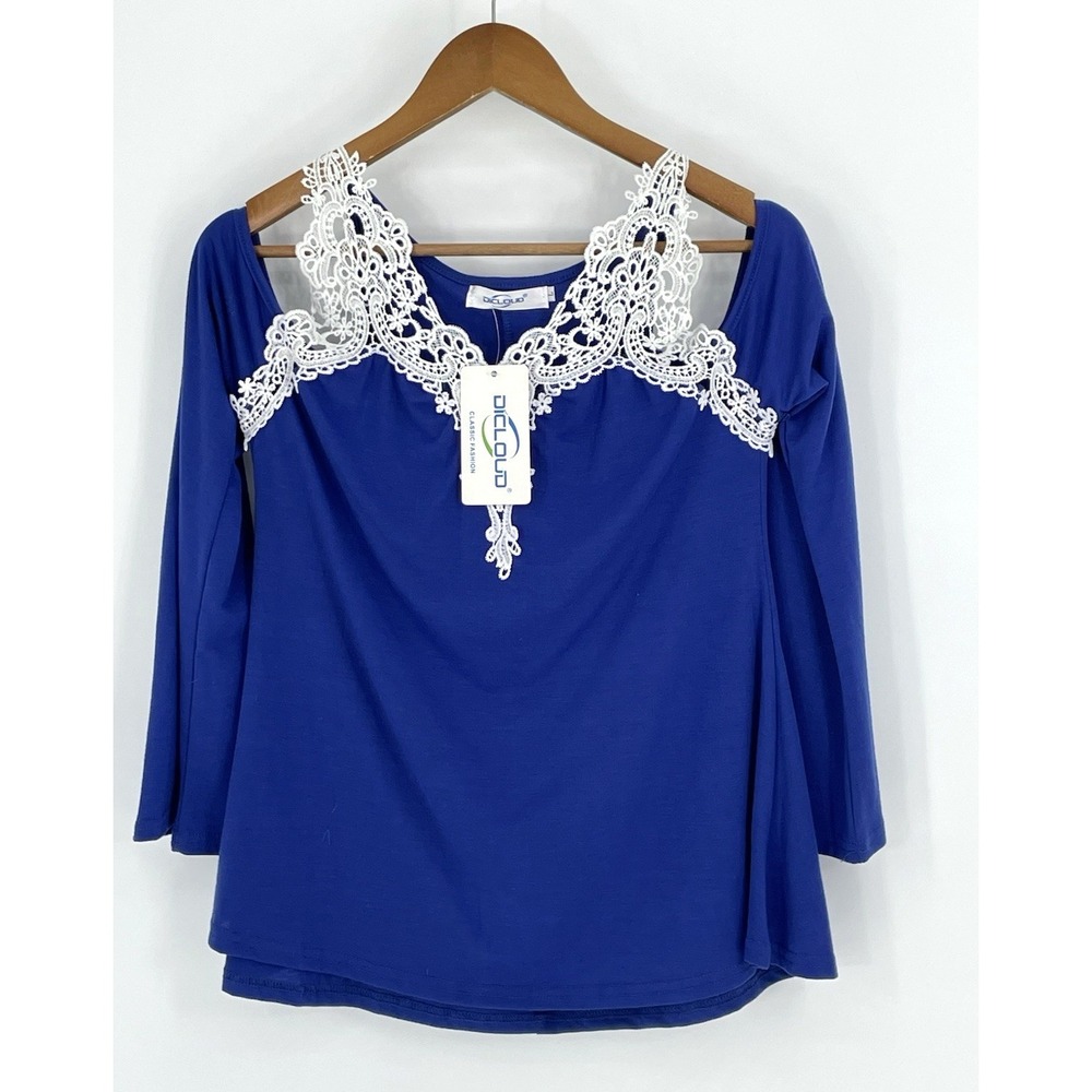 Dicloud Womens‎ Large Cold Shoulder Lace Cut Out Top Blue Fairy Cocktail